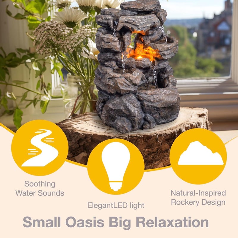 Haobos Cascading Indoor Tabletop Water Fountains with LED Light - Rockery Waterfall Fountain - Quiet and Relaxing Water Sound - Small 9.7 Inch Desktop Size - Home/Office Decor - Image 4